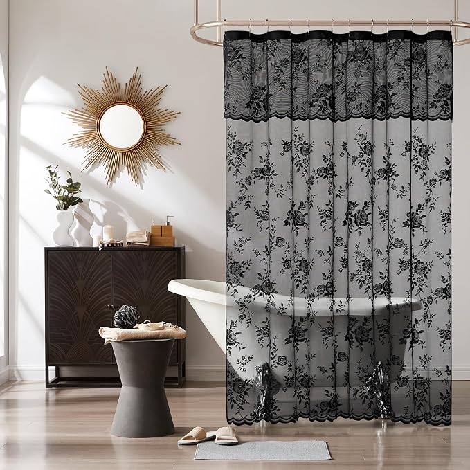 Black Lace Shower Curtain Luxury Vintage Floral Shower Curtain with Attached Valance Decorative Vintage Boho Bath Curtain for Master Bath Hotel Dark Gothic Halloween Victorian Decor, 1 Panel, 72 x 72