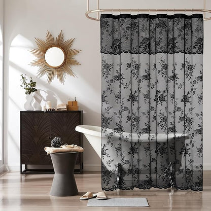 Black Lace Shower Curtain Luxury Vintage Floral Shower Curtain with Attached Valance Decorative Vintage Boho Bath Curtain for Master Bath Hotel Dark Gothic Halloween Victorian Decor, 1 Panel, 72 x 72