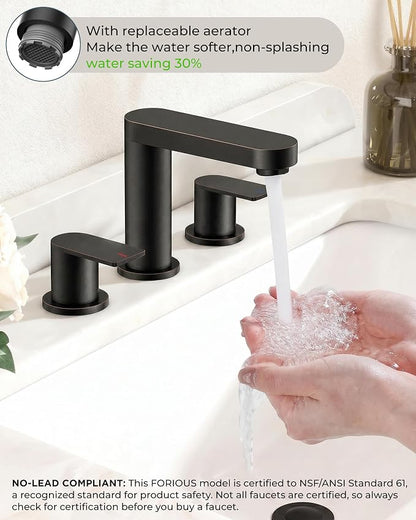 FORIOUS Bathroom Faucet 3 Hole 8" Widespread for Vanity Oil Rubbed Bronze | Two Handles Bathroom Sink Faucet with Pop-up Drain and cUPC Lines, Fits 6-12 Inch 3 Hole Install, for RV Laundry and Basin