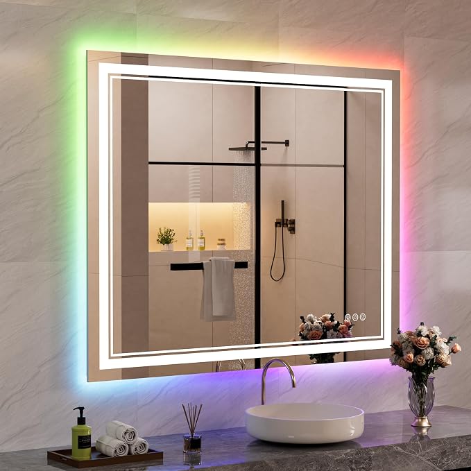 44x36 Inch RGB LED Bathroom Mirror with Lights | Front and RGB Backlit, Dimmable, Memory, Anti Fog, Shatterproof, Horizontal/Vertical, Lighted Mirrors for Bathroom Wall