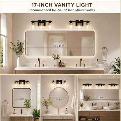 Bathroom Light Fixture, Bathroom Vanity Light Over Mirror, 3-Lights | Vanity Lights for Bathroom, Modern Lighting Fixtures with Clear Glass Shade, Black and Gold Vanity Lights, ETL Listed