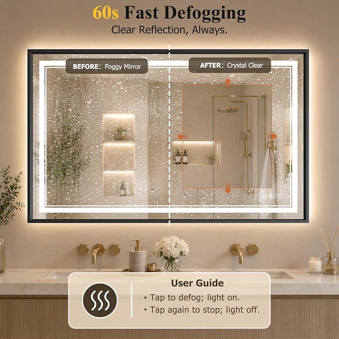 30"x48" LED Bathroom Mirror with Lights, Backlit + Front Lit, Anti-Fog | Lighted Bathroom Mirror with One-Piece Aluminum Alloy Frame, HD Shatterproof Tempered Glass, Dimmable, Memory Function