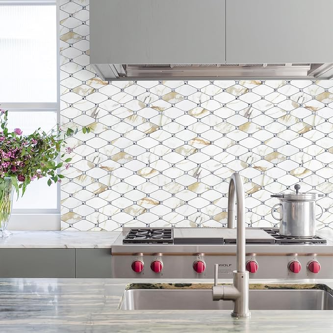 STICKGOO 10 Sheets Peel and Stick Backsplash, Calacatta Golden Stick on Mosaic Tiles for Kitchen Wall Decor, Self Adhesive Long Hexagon PVC Tile Kitchen Backsplash