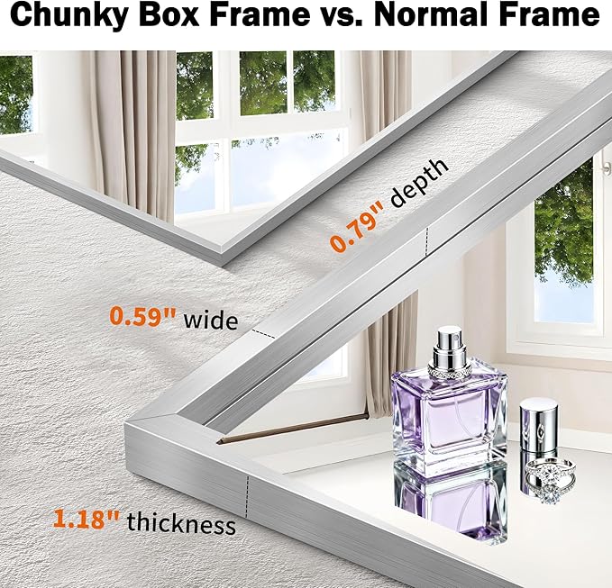 CIRCUMI 30"x36" Silver Mirror with Chunky Box Metal Frame, Brushed Finish Rectangular Bathroom Mirrors for Over Sink, Living Room, Entryway, Tempered Glass Mirror for Wall, Vertical or Horizontal