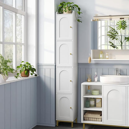 Hzuaneri 4-Tier Narrow Tall Storage Cabinet | Slim Bathroom Storage Cabinet with 4 Adjustable Feet and Shelves, for Living Room, Laundry Room, White, 11"D x 11"W x 70.9"H