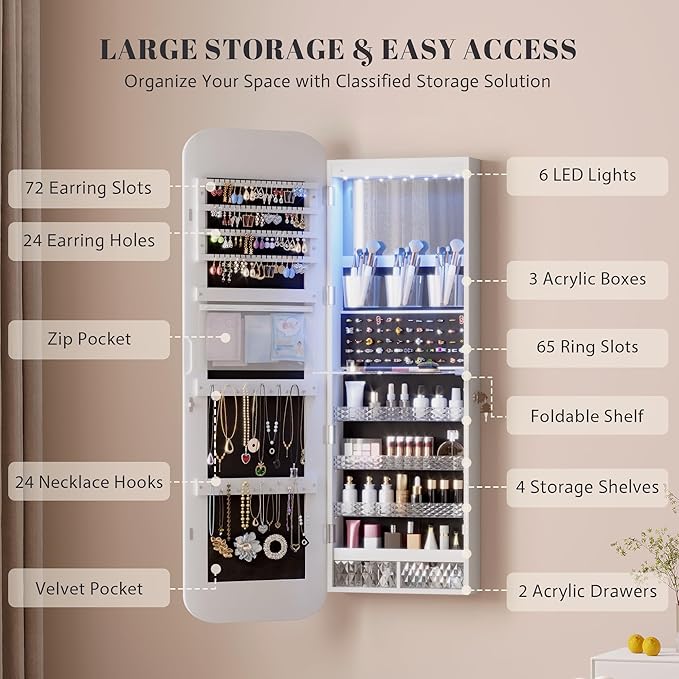 Vlsrka 47.2" Wall/Door Mounted Jewelry Cabinet Organizer Armoire W/Mirror | 6 LEDs, Over The Door Hanging Jewelry Organizer with Rounded Corner Mirror, Lockable Full Length Mirror with Storage,White
