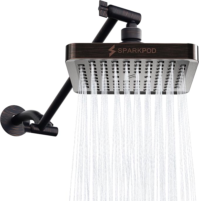 SparkPod 6" Square Rain Shower Head with 11" Shower Arm | Shower Head & Extension Arm Combo, Height Adjustable, High Pressure Performance, Easy 1-Minute Installation,Oil-Rubbed Bronze