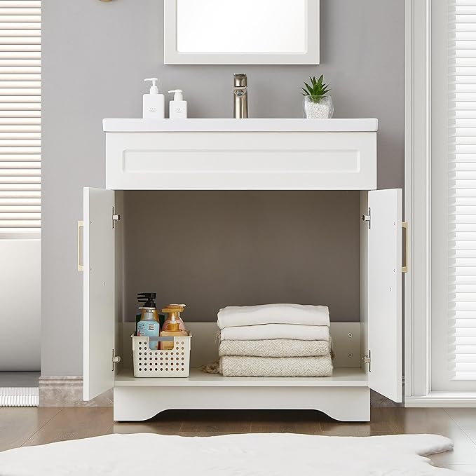 Bathroom Vanity with Ceramic Sink, Bathroom Vanity Cabinet with 2 Doors, 32 Inches Wooden Cabinet with Sink, White
