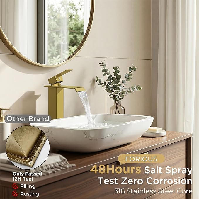 Forious Vessel Bathroom Sink Faucets 1 Hole Brushed Gold, Tall Waterfall Bathroom Faucet Single Handle with Pop Up Drain and Supply Lines for Bowel Sink, Deck Mount