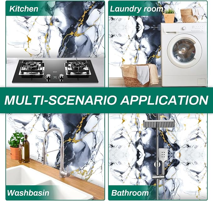 12pcs White and Black Marble Peel and Stick Tiles 23.6"x11.8" Waterproof Heat Resistant Self Adhesive Removable PVC Wall Panels for Kitchen Backsplash, Bathroom, Laundry (Not Real Tile, Not for Floor)
