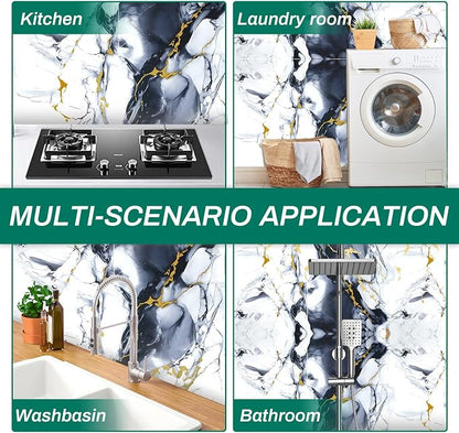 12pcs White and Black Marble Peel and Stick Tiles 23.6"x11.8" Waterproof Heat Resistant Self Adhesive Removable PVC Wall Panels for Kitchen Backsplash, Bathroom, Laundry (Not Real Tile, Not for Floor)