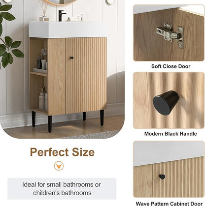 Merax 20 Inch Bathroom Vanity with Sink, Narrow Depth Bathroom Vanities,Wood Vanity Cabinet,Soft Closing Door,Freestanding Sink Cabinet W/Open Side Shelves, Oak