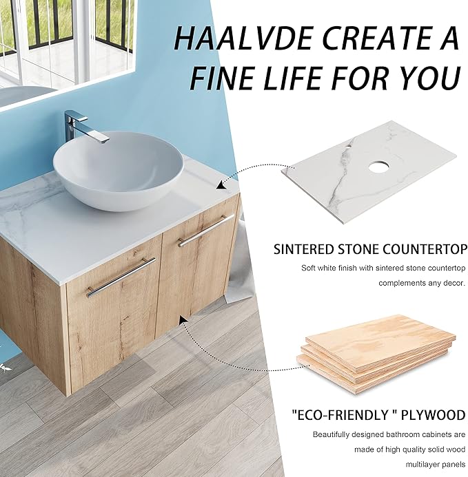 30" Floating Vanity with Sink, 30 Inch Bathroom Vanity with Sink, Modern Plywood Floating Cabinet with Sintered Stone Countertop and White Ceramic Basin, Soft Close Doors