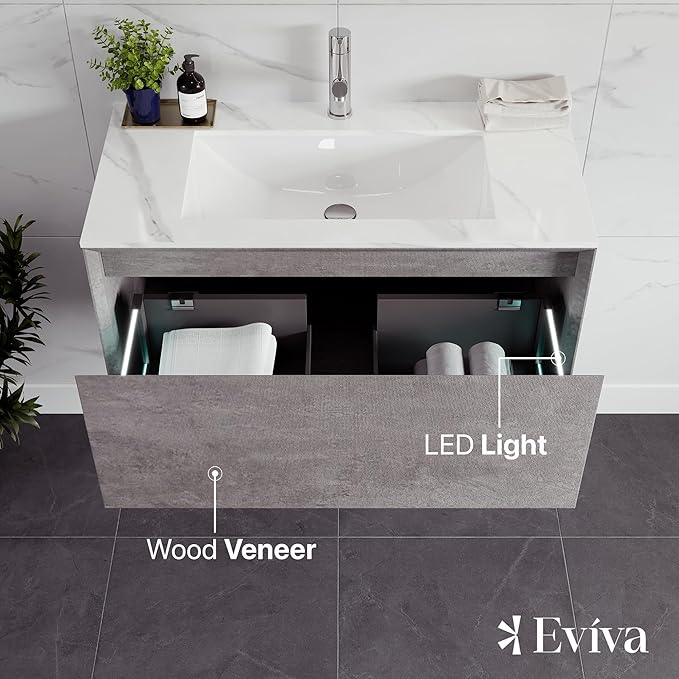 Eviva Aurora 36 in. Concrete Gray Wall Mount Single Sink Bath Vanity with Carrara Quartz Top