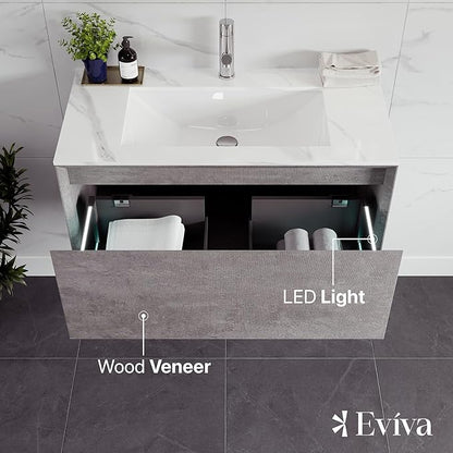 Eviva Aurora 36 in. Concrete Gray Wall Mount Single Sink Bath Vanity with Carrara Quartz Top