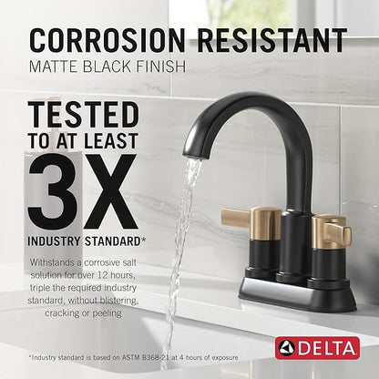 Delta Albion Centerset Matte Black/Brushed Gold Bathroom Faucet, 4 Inch 3 Hole Bathroom Sink Faucet for Vanity, Metal Push-Pop Drain Assembly, Matte Black/Champagne Bronze 25855LF-GZ