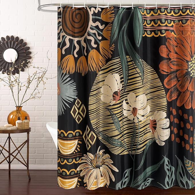 Dark Floral Shower Curtain, Boho Vintage Botanical Fabric Curtain, 72 x 72 | Boho Chic Floral, Vintage Botanical, Modern Farmhouse, Eclectic Rustic, Colorful Flowers, Fabric Shower Curtain