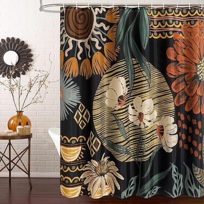 Dark Floral Shower Curtain, Boho Vintage Botanical Fabric Curtain, 72 x 78 | Boho floral, vintage botanical, dark floral, rustic farmhouse, colorful flowers, fabric shower curtain