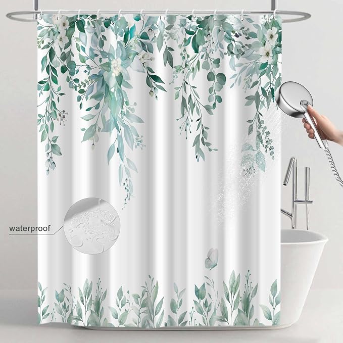 Teal Floral Eucalyptus Shower Curtain with Hooks, 72x72 Inch | Waterproof Fabric, Watercolor Leaves and Floral, Botanical Style, Machine Washable, Quick-Drying, for Hotel Bathroom