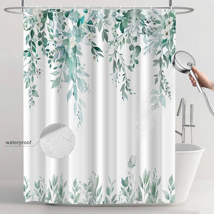 Teal Floral Eucalyptus Shower Curtain with Hooks, 72x84 Inch | Waterproof Fabric, Watercolor Leaves and Floral, Botanical Style, Machine Washable, Quick-Drying, for Hotel Bathroom