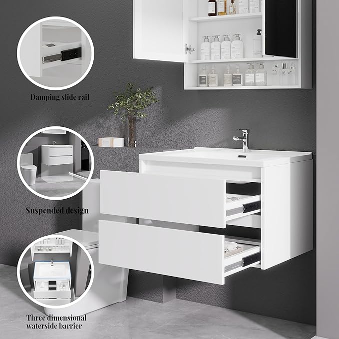 White Floating Bathroom Vanity with Sink, 31x18 Inch Wall Mounted Bathroom Cabinet with 2 Drawers, Modern Single Sink Vanity for Small Bathroom, Space-Saving Storage Cabinet