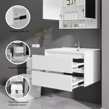 White Floating Bathroom Vanity with Sink, 31x18 Inch Wall Mounted Bathroom Cabinet with 2 Drawers, Modern Single Sink Vanity for Small Bathroom, Space-Saving Storage Cabinet