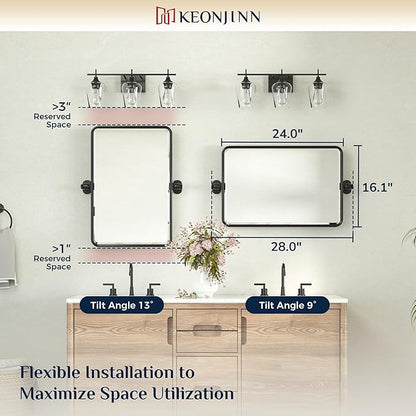 Keonjinn 16x24 Inch Black Povit Mirror for Bathroom, Tilt Mirror, Beveled | Tenmpered Glass, Rectangle, Adjustable Bathroom Mirrors for Over Sink, Farmhouse, Metal Framed, Horizontal/Vertical