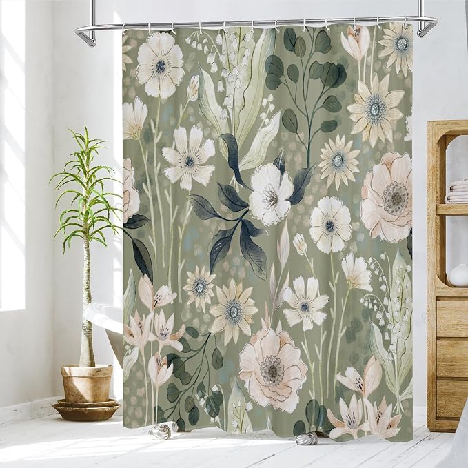 Boho Floral Shower Curtain, Green Botanical Fabric Curtain, 72 x 72 | Boho Chic Floral, Vintage Botanical, Modern Farmhouse, Eclectic Rustic, Colorful Flowers, Fabric Shower Curtain