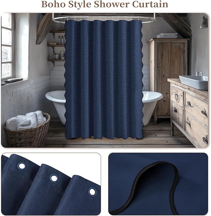 BTTN Navy Blue Scalloped Shower Curtain, Linen Textured Cute Fancy Heavy Duty Fabric Shower Curtain Set with Plastic Hooks, Hotel Luxury Waterproof Cloth Shower Curtains for Bathroom Bathtub, 72x72