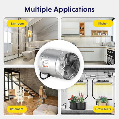 Simple Deluxe 8 Inch Inline Fan 420 CFM, HVAC Booster Exhaust Ventilation Fan with Low Noise for Basements, Bathrooms, Kitchens, Attics and Grow Tents, Silver