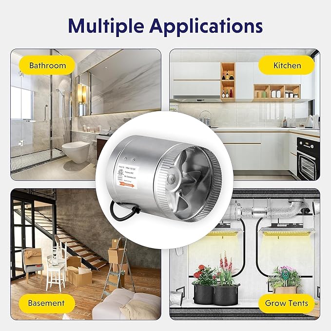 Simple Deluxe 4" 100 CFM Inline Fan, Low Noise HVAC Exhaust Fan, Suitable for Basements, Bathrooms, Kitchens, and Grow Tents, Silver