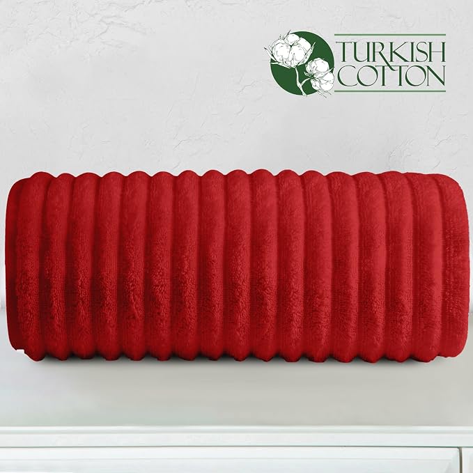 Elegant Comfort 100% Turkish Cotton Corduroy Ribbed Luxury Jumbo Bath Towel Ultra Soft - 35 x 70 Inch - Luxury Spa Premium Hotel Quality Highly Absorbent and Quick Dry Large Bath Towel, Red