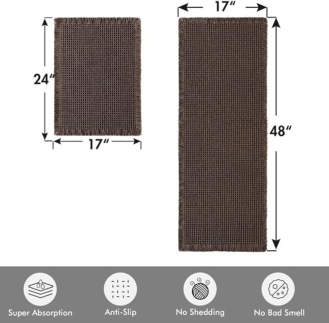 MIULEE Set of 2 Waffle Bathroom Rugs Chocolate Bath Mat 17"x24"+17"x48" | Non Slip, Super Absorbent, Washable, Ultra Soft, Rubber Backed, Small Boho Bath Rug and Bathroom Runner for Floor Tub Shower