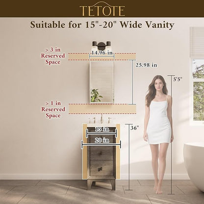 TETOTE 15 x 26 Mirrored Medicine Cabinets for Bathroom with Tempered Beveled Mirror White Medicine Cabinet Aluminum Cabinet DTC Hinges, Stepless Adjustable Shelves, Recessed/Surface-Mounted