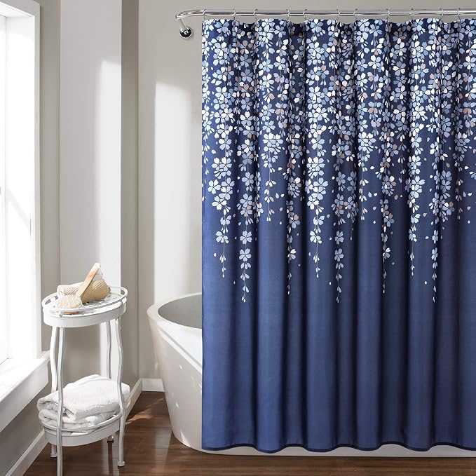 Lush Decor Weeping Flower Shower Curtain 72"W x 72"L Navy - Fabric Shower Curtains for Bathroom - Floral Bathroom Curtain - Cottage Core Decor