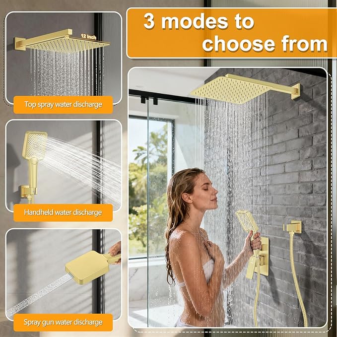 Shower System Modern Rain Brass Faucet Set With Valve and Diverter Shower Mixer With Handheld High Pressure Square Rainfall Shower Valve (12'' Wall Mount, Brushed Gold)