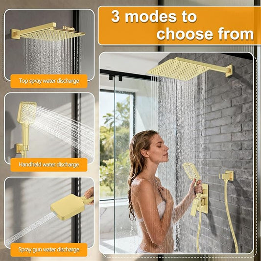 Shower System Modern Rain Brass Faucet Set With Valve and Diverter Shower Mixer With Handheld High Pressure Square Rainfall Shower Valve (12'' Wall Mount, Brushed Gold)