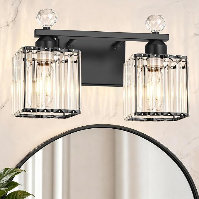Lxybcce Modern 14In 2-Lights Bathroom Vanity Light, Crystal Bathroom Light Fixtures, Black Vanity Light Fixtures Over Mirror, Easy Installation & Shadow-Free Illumination for Bathroom Mirror Decor