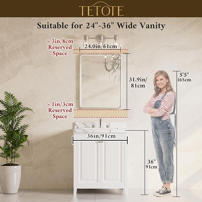 Black Framed Vanity Mirror 24 x 32 Beveled Edge Tempered Glass, Rounded Corner Rectangle Bathroom Mirror for Over Sink for Modern Bathroom, Living Room, Bedroom, Entryway