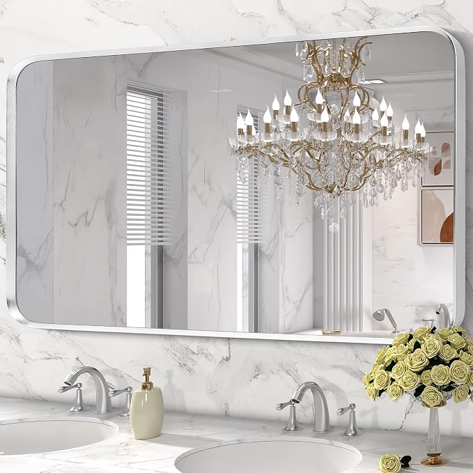 Silver Bathroom Mirror 28x60in, Metal Framed Rounded Rectangle | Tempered Glass, Shatter Proof, Anti-Rust Frame, Hangs Horizontal or Vertical
