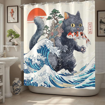 Accnicc Funny Cat Monster Shower Curtain for Bathroom 72 X 72 Inch | Fun Cool Black Cat Shower Curtains, Japanese Ocean Wave Kids Bath Curtain Decor, Water-Resistant Washable Polyester Fabric