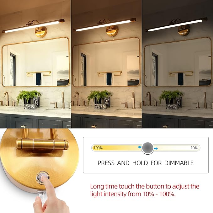 MantoLite 24'' Picture Lights for Wall,Vanity Lights for Bathroom,Plug-in or Hardwired,12W LED 3CCT Dimmable Light Fixture Brass Modern Bathroom Lighting Fixtures Over Mirror Wall Lights for Bedroom