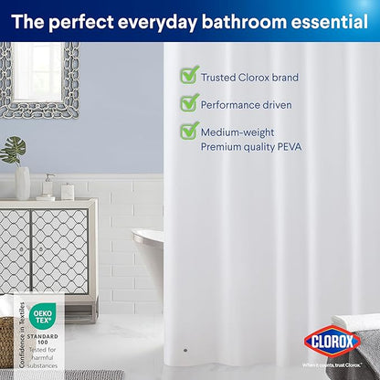 CLOROX Shower Curtain Liner, Premium Lightweight Flexible Waterproof 6g PEVA for Bathroom with Weighted Magnets, Standard Size 72" x 72", White 2 Pack