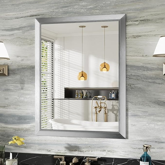 28x36 Inch Brushed Silver Bathroom Mirror for Wall, Thick Metal Framed Rectangle Mirrors for Over Sink, Bedroom, Living Room, Entryway, Anti-Rust, HD Tempered Glass