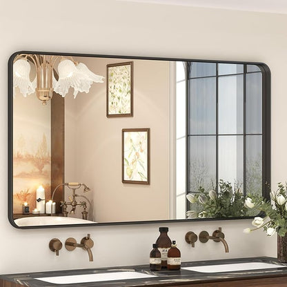 55x30 Inch Black Framed Bathroom Mirror for Wall, Large Matte Metal Framed Wall Mirror, Black Rectangle Bathroom Vanity Mirror, Anti-Rust, Shatterproof (Horizontal/Vertical)