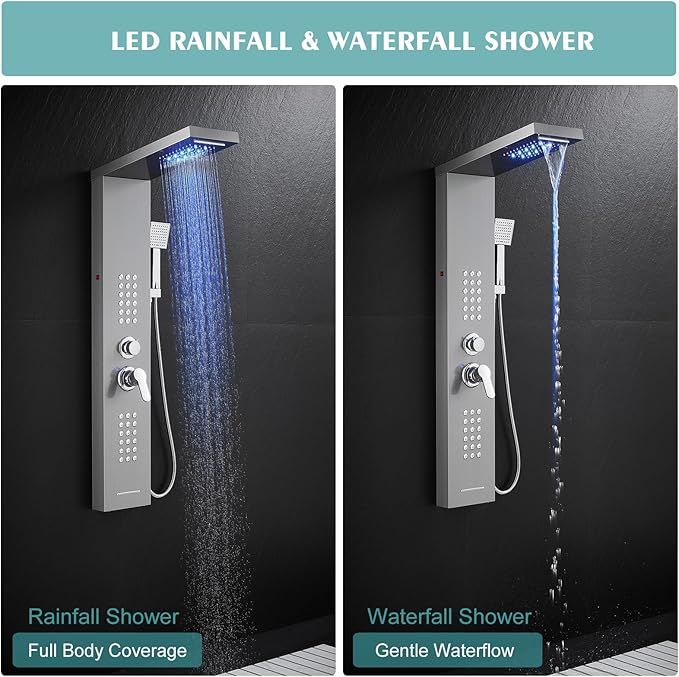 LED Shower Panel Tower System with Rainfall Waterfall Shower Head, 5-in-1 Shower Tower with Powerful Body Jets, Handheld and Tub Spout, Shower Column Stainless Steel, Brushed Finish