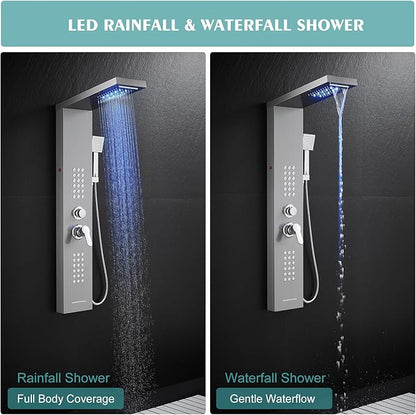 LED Shower Panel Tower System with Rainfall Waterfall Shower Head, 5-in-1 Shower Tower with Powerful Body Jets, Handheld and Tub Spout, Shower Column Stainless Steel, Brushed Finish