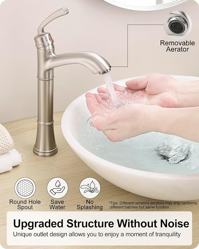 Brass Vessel Sink Faucet Brushed Nickel, Single Handle Tall Faucet for Bathroom Sink One Hole with Pop-Up Drain & Water Hoses, Save Water