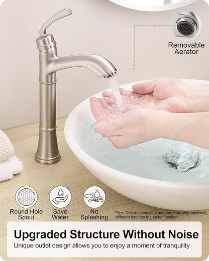Brass Vessel Sink Faucet Brushed Nickel, Single Handle Tall Faucet for Bathroom Sink One Hole with Pop-Up Drain & Water Hoses, Save Water