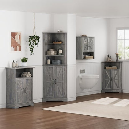 Smuxee Bathroom Corner Storage Cabinet, Farmhouse Floor Corner Cabinet with Barn Door and Adjustable Shelf, Wash Grey Narrow Cabinet Organizer for Bathroom, Living Room, Kitchen